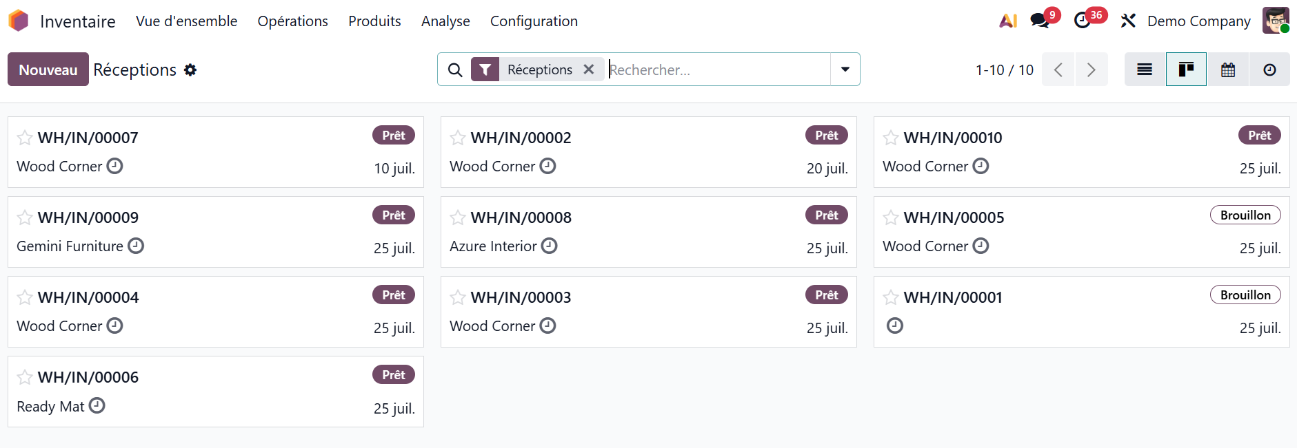 Odoo Inventaire - Accéder aux réceptions Nuformations