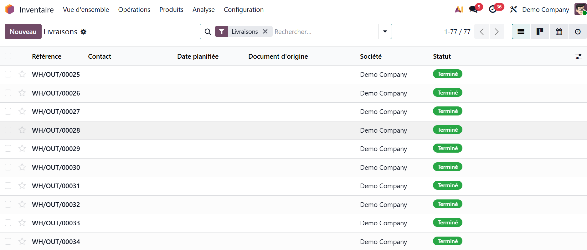 Odoo Inventaire - livraisons liste