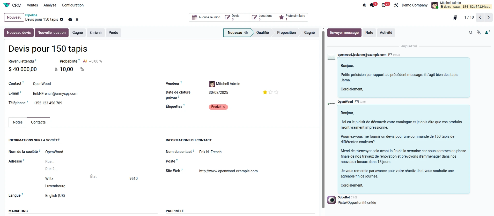 Opportunité Odoo crm détails