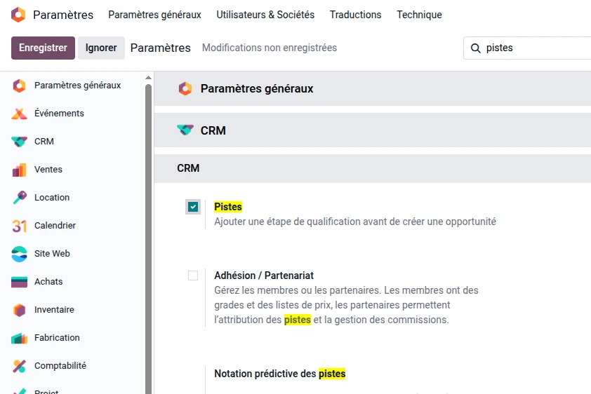 Activier pistes odoo crm
