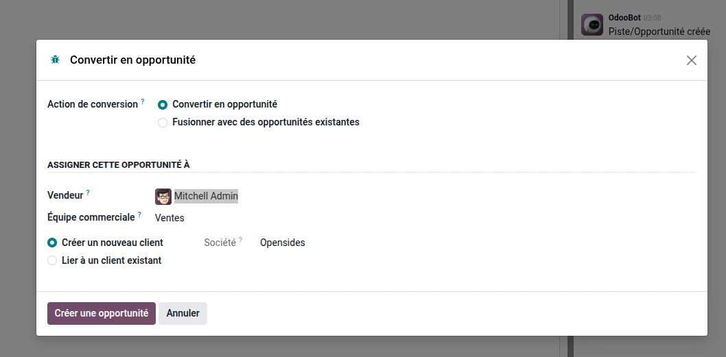 Convertir piste en opportunité Odoo crm