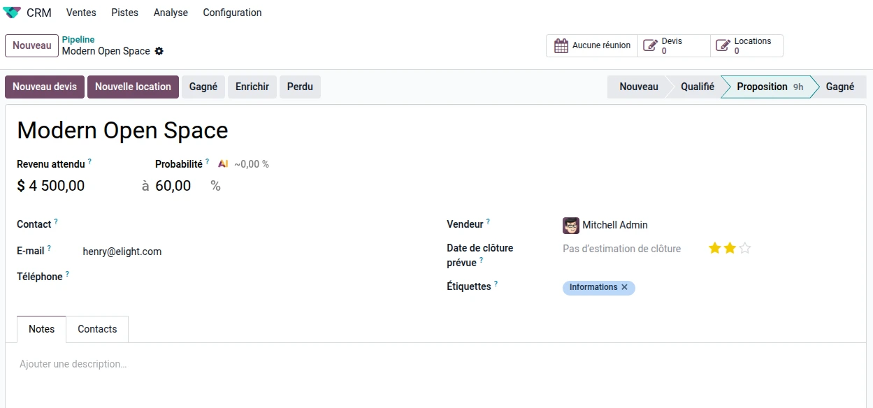 Nouveau devis client Odoo crm