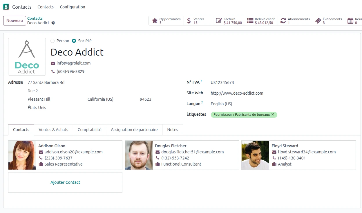 Fiche contact Odoo complète