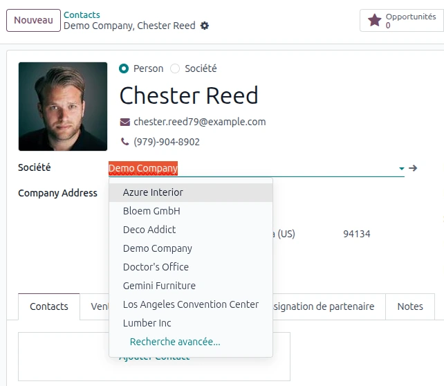 Contact rattaché à une entreprise Odoo Contacts