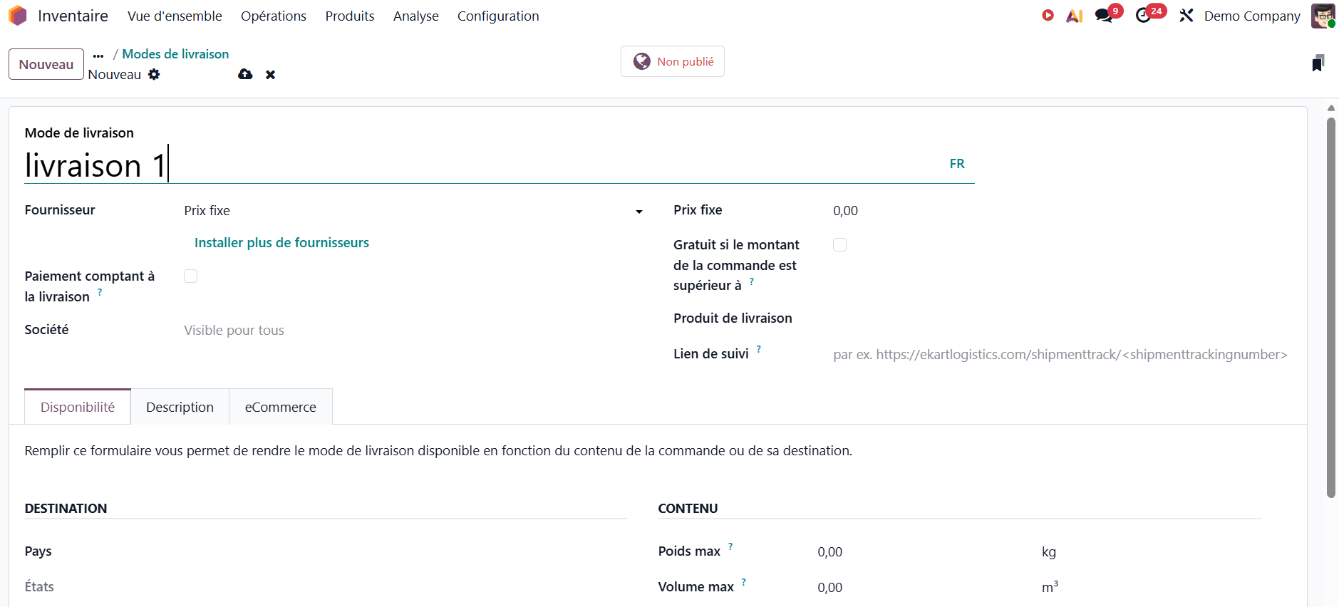 Création mode de livraison Odoo Inventaire