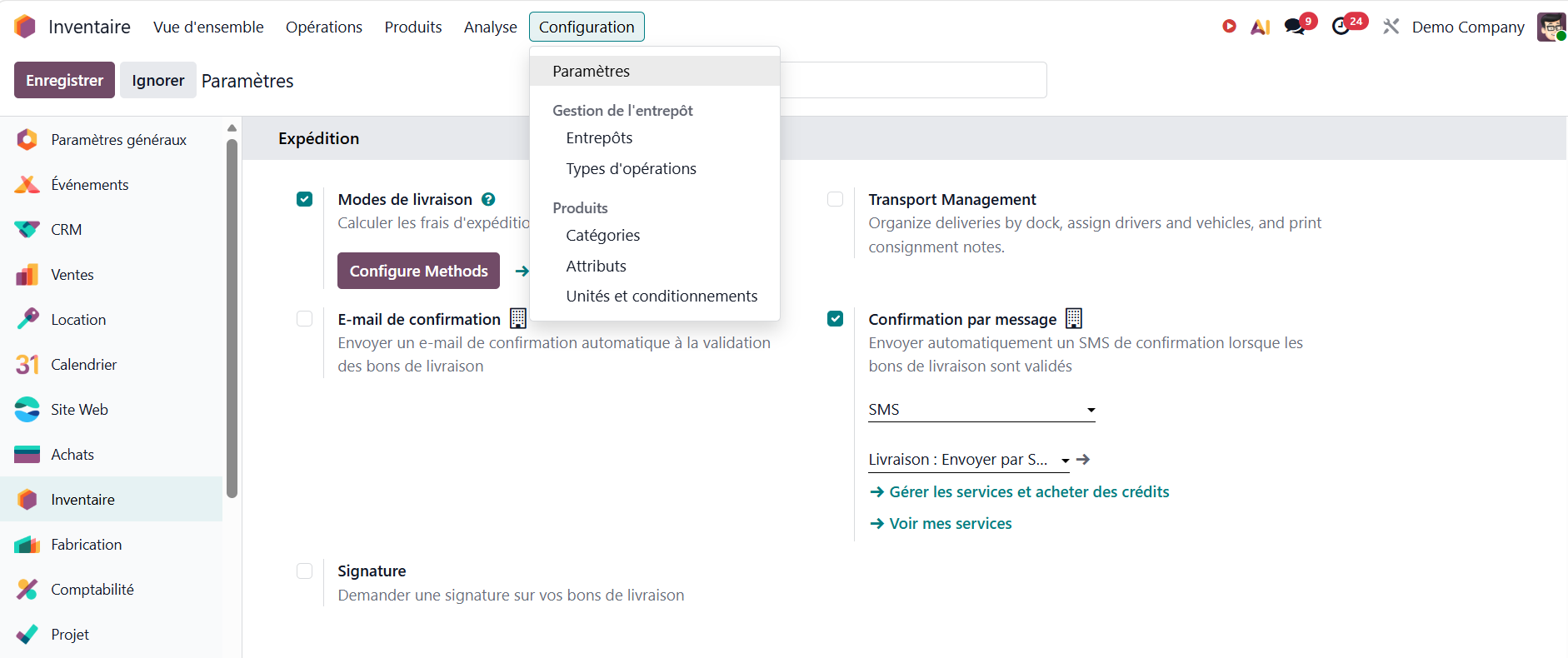 Configuration d'une méthode de livraison native dans Odoo