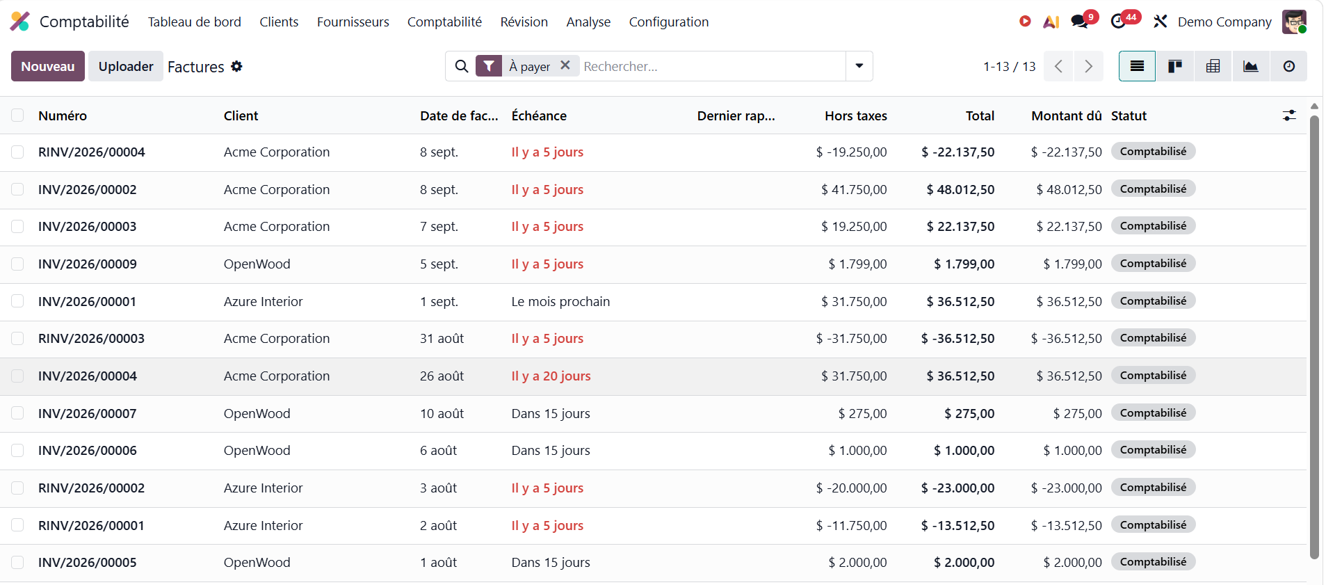 factures odoo triées par statut de paiement
