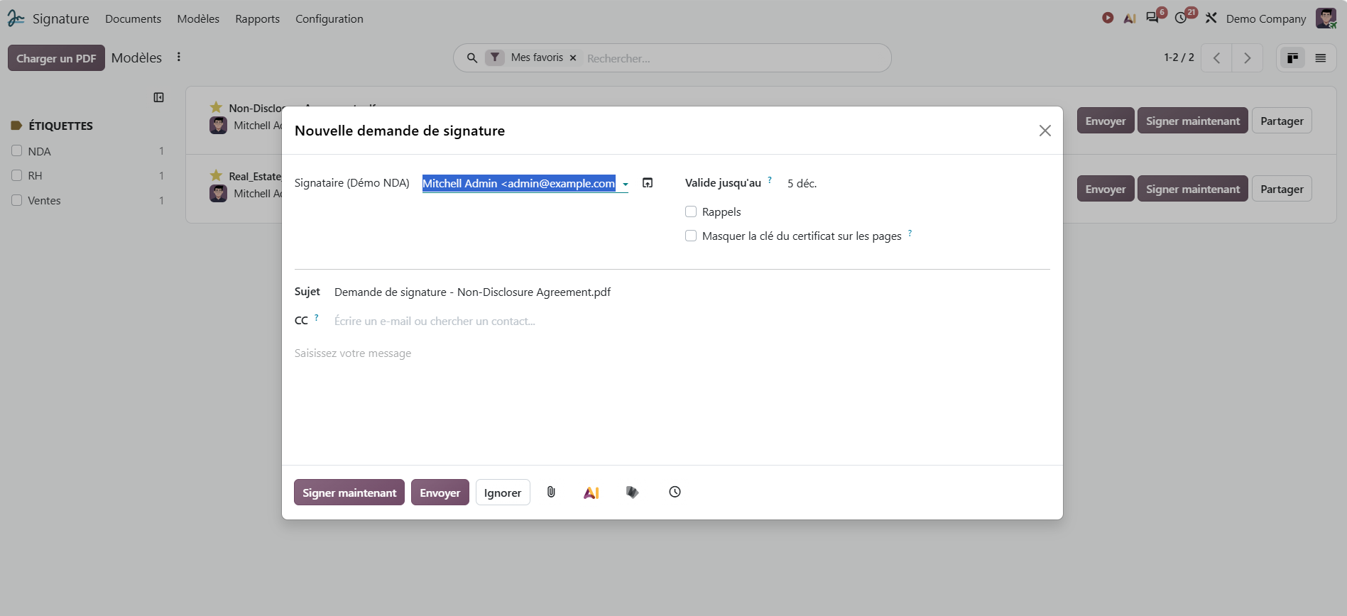Odoo Signature : fenêtre Nouvelle demande de signature avec ordre de signature, date de validité et rappels
