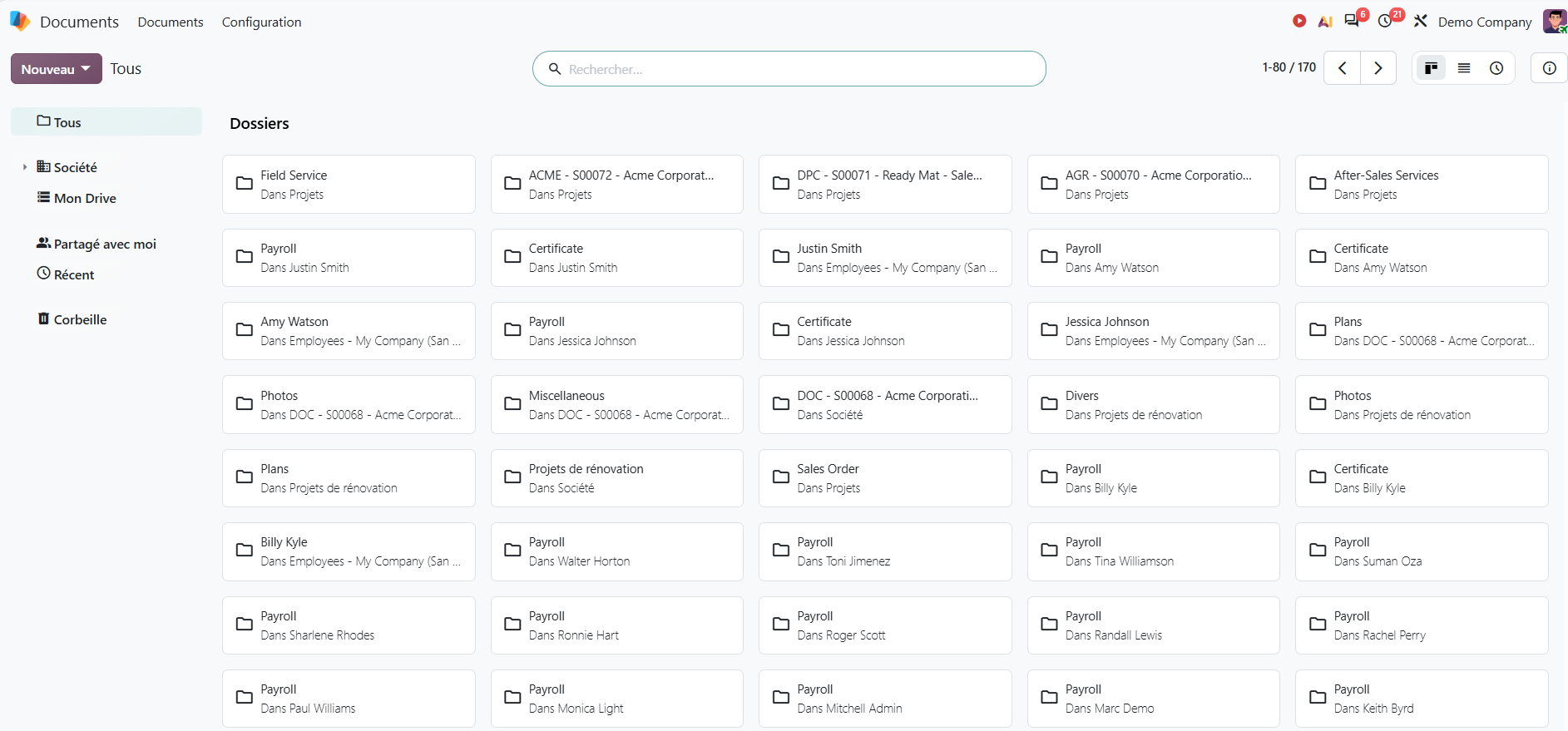 Odoo Documents : espaces Société et Mon Drive et dossiers partagés