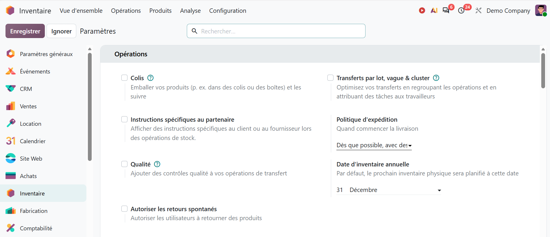 Odoo Inventaire : réglage Jour et mois de l'inventaire annuel, fixé au 31 décembre