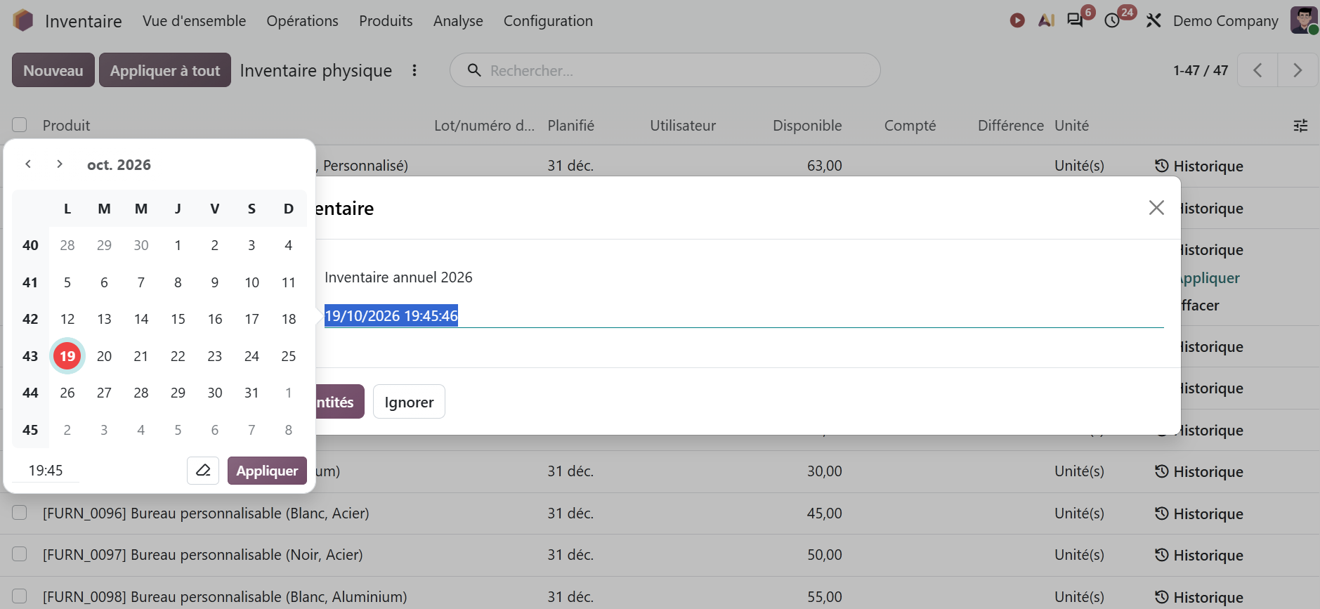Odoo Inventaire physique : application d'un comptage avec la référence et la date de comptage