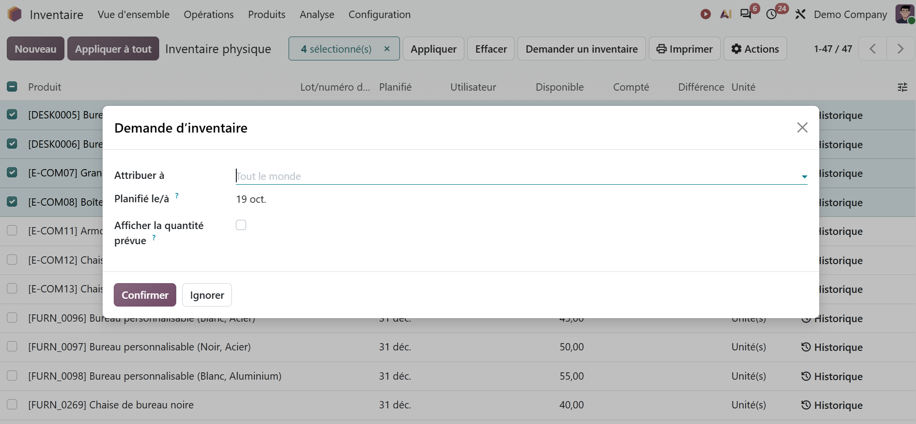 Odoo Inventaire physique : fenêtre Demander un comptage avec la date et le compteur